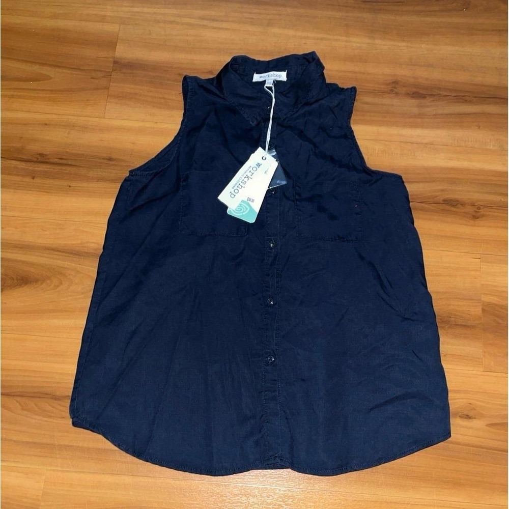 Womens NWT Workshop 100% Tencel Navy‎ Button Up Sleeveless Top Shirt